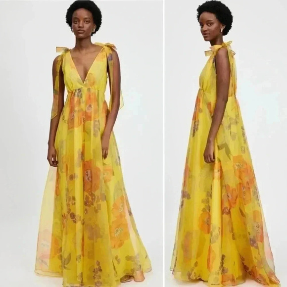 STAUD Dandelion Printed Organza Maxi Dress in Goldie Size 10 - Picture 14 of 16